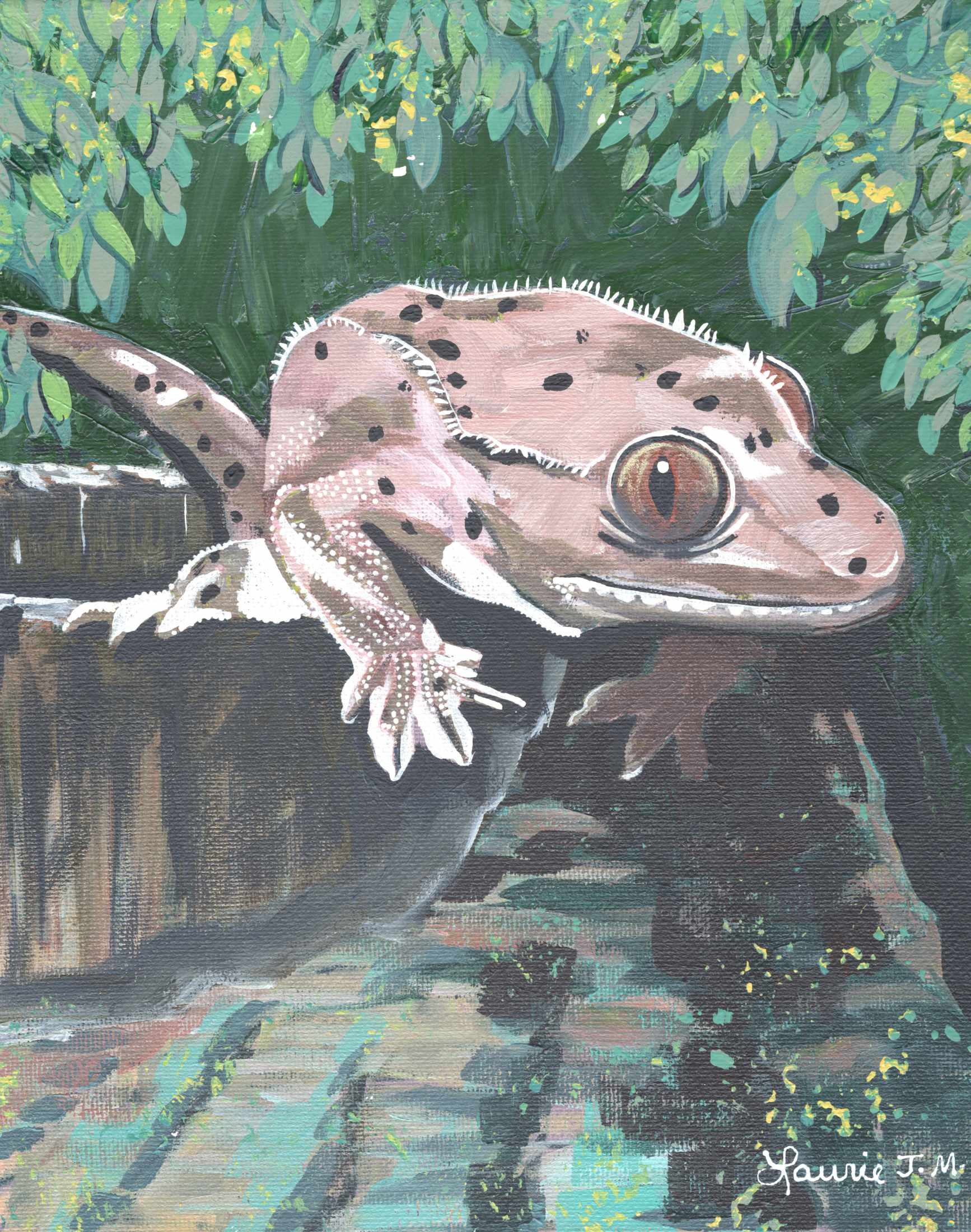 painting of crested gecko with greenery.